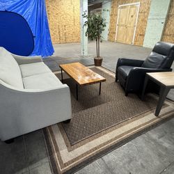 Mid Century Modern Sofa, Natuzzi Italian Leather Recliner, and Two Solid Wood Tables