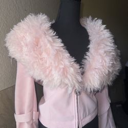 Pink Furry Y2K zip up biker jacket 