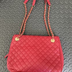 INC International Concepts Red Quilted Chain Tote | Gold Chain Strap Shoulder Bag