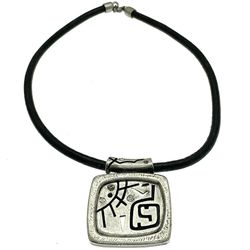 Modernist Pendant With Cord Necklace - Distress Look Silver Plated Boho Hippie Choker - Woman Teen Fashion Jewelry Gift