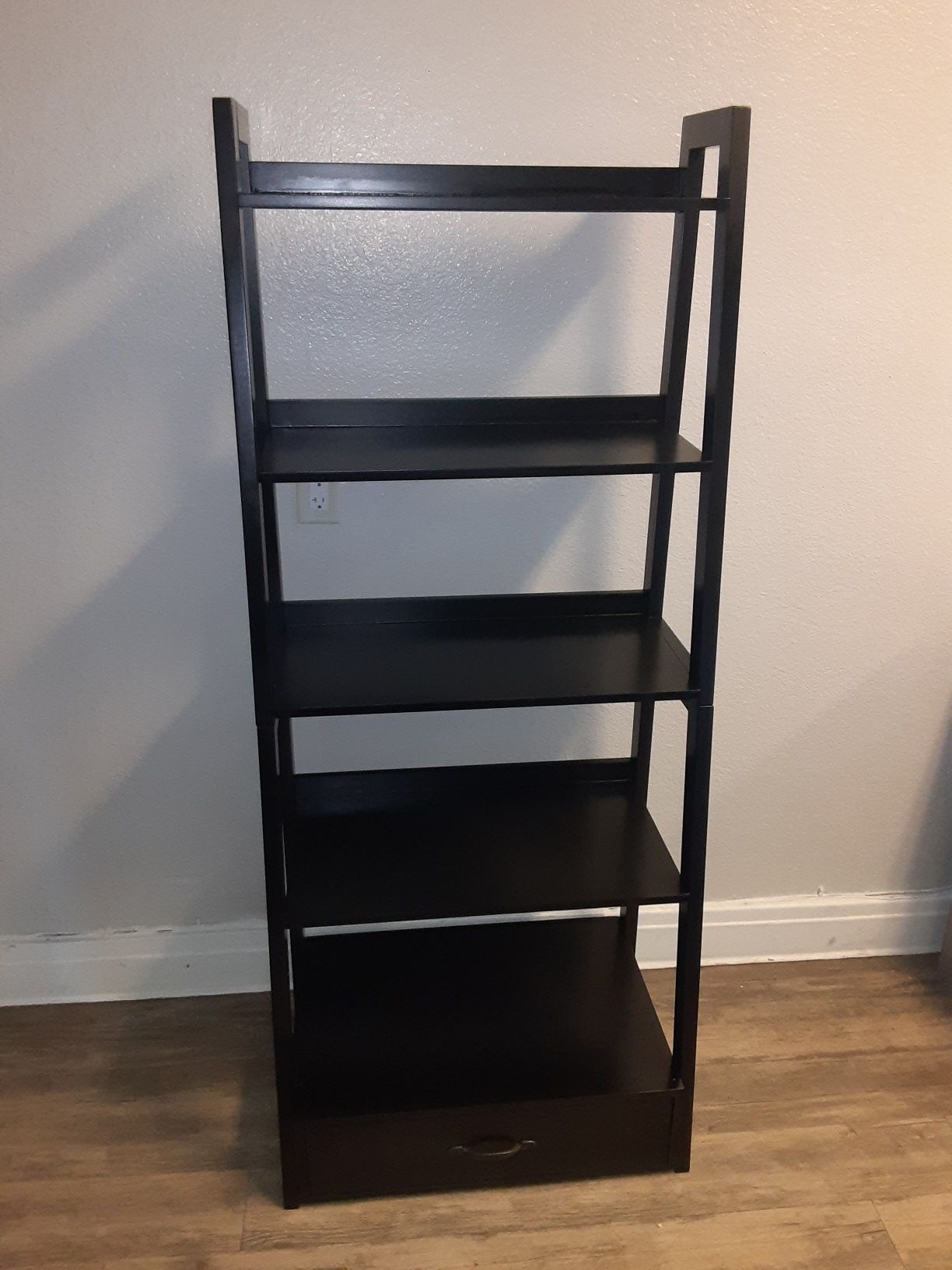 64" Black Wood 5-shelf Ladder Bookcase with Drawer