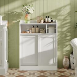 Slim Bathroom Storage Cabinet, Bathroom Floor Cabinet, Storage Organizer with Toilet Paper Holder, Sliding Doors and Adjustable Shelf, for Small Space