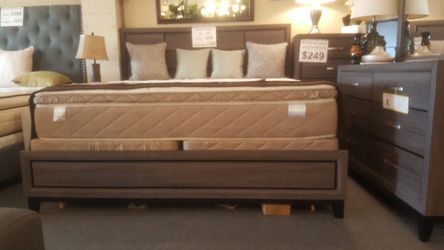 Brand new grey king or CA king bedframe + dresser + mirror + nightstand