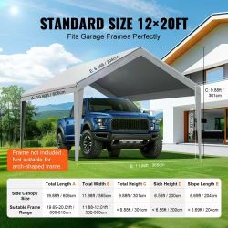 222]Carport Replacement Canopy Cover 12 x 20 ft, Garage Top Tent Shelter Tarp Heavy-Duty Waterproof & UV Protected, Easy Installation with Ball Bungee