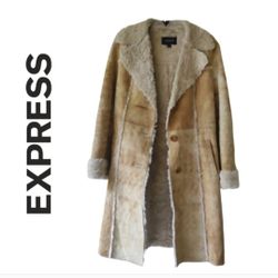 Express | Long Tan Leather Coat w/Faux Fur