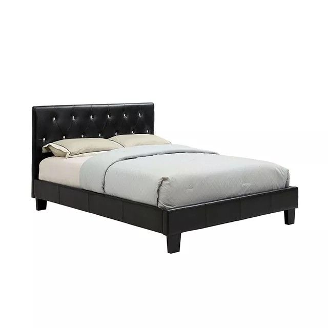 GLAM BLACK BONDED LEATHER QUEEN SIZE BED FRAME PLATFORM STYLE - CAMA