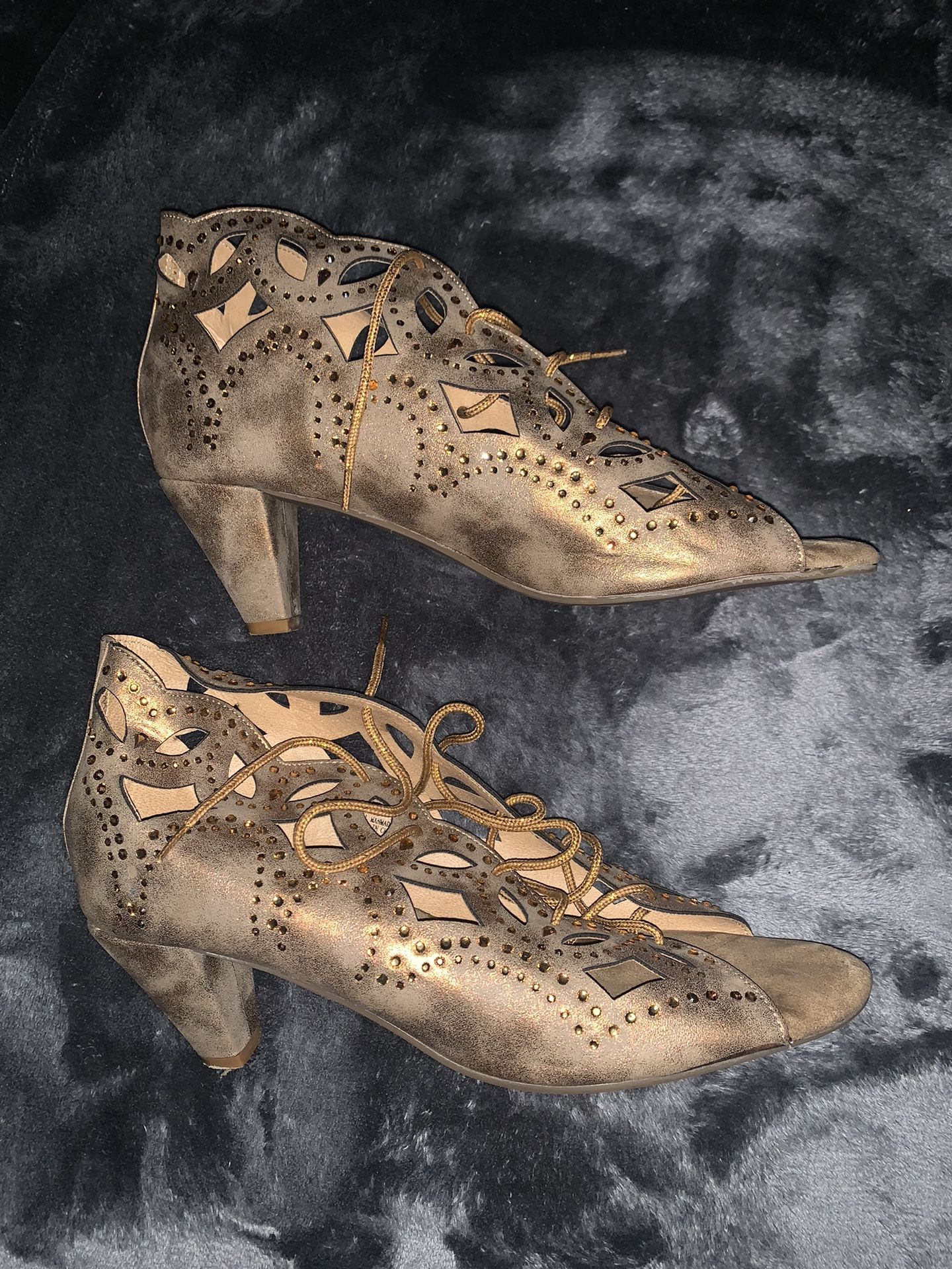Joan Boyce Denim Style Brown Cut Out Rhinestone Open Toe Heels