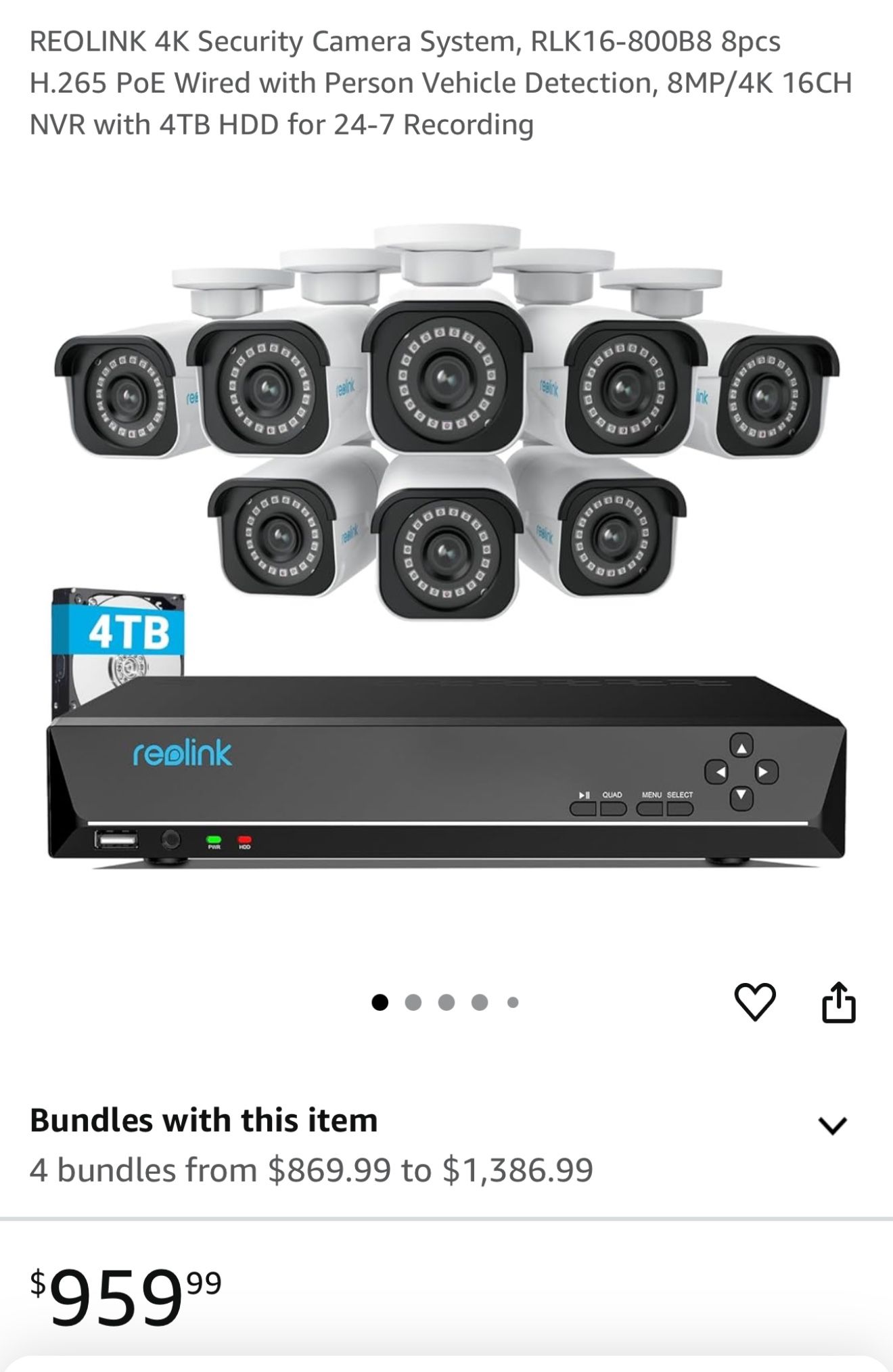 REOLINK 4K Security Camera System, RLK16-800B8 8Pcs H.265 16CH NVR with 4TB HDD
