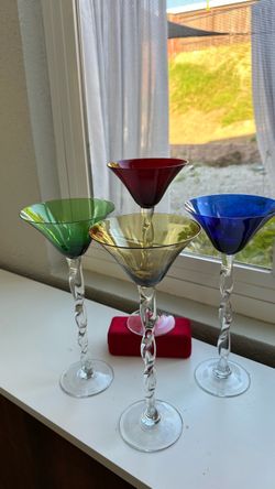 Vintage Portuguese 12” Tall Martini Glasses - Set of 4 - Luxe Jewel Tones