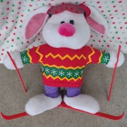 Bunny Rabbit Christmas Winter Sweater Skis Skiing Plush Stuffed Applause 12”