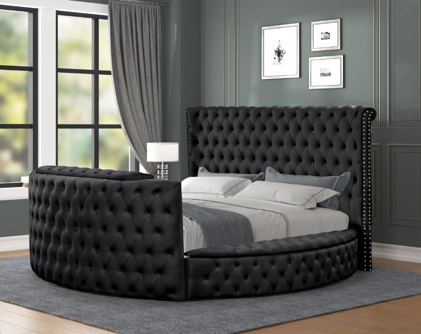 Brand New Black Velvet Storage Built-in TV Stand Platform Queen Size Bed Frame Special