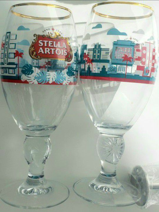 2 New STELLA ARTOIS Beer Glasses Miami Edition Rare Deco Belgian Brewery 8" Chalices Gold-Rimmed 
F1