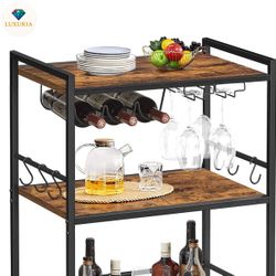 [SALE] 🍷 Rustic Brown Bar Cart – 3-Tier Rolling Beverage Station with Wine Rack & Glass Holders