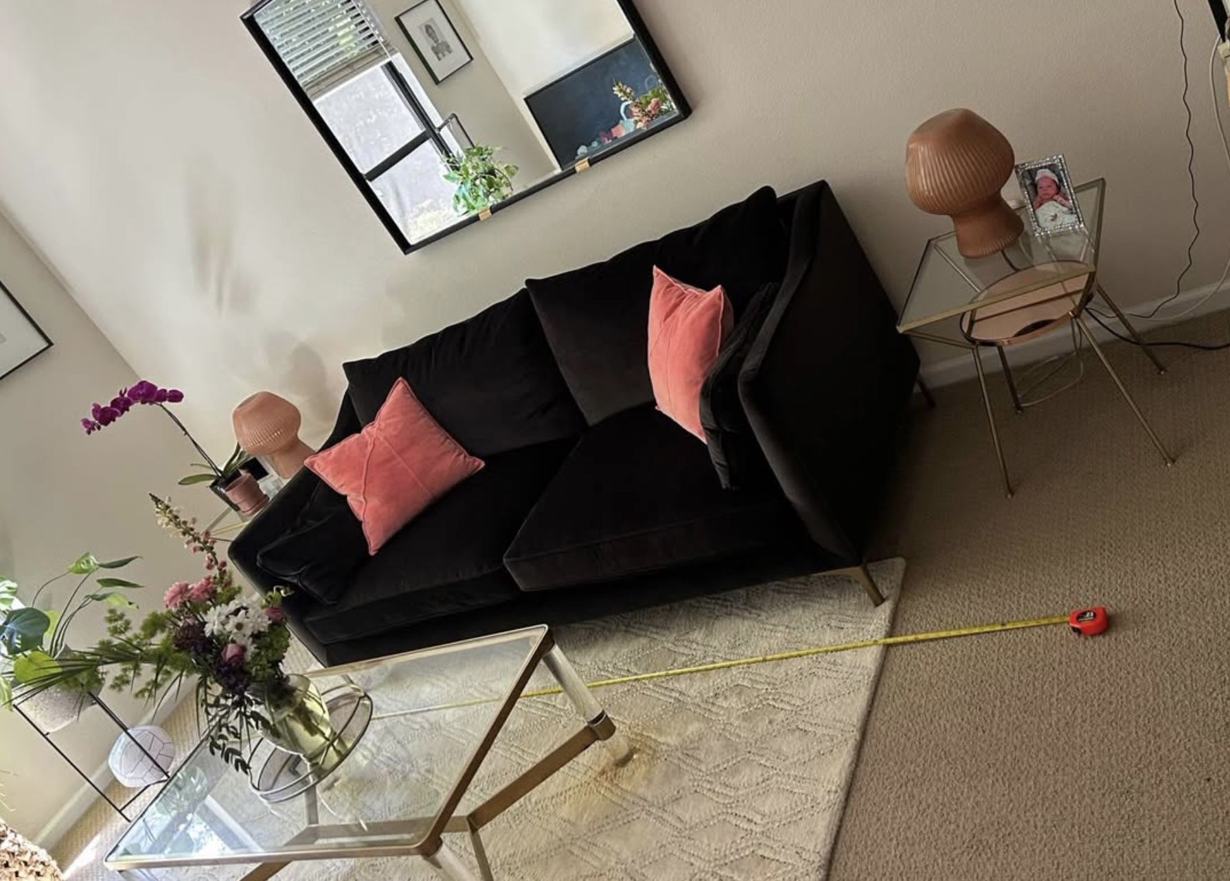 2-Cushion Black Velvet Sofa – 79” with Brass Legs