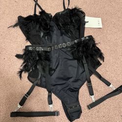 New large black feather bodysuit garter belt lingerie goth gothic fishnet