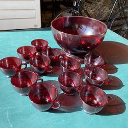 Anchor Hocking Royal Ruby Red Punch Bowl, Pedestal Stand And 12 Cups