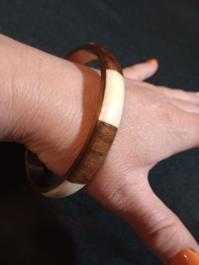 Wood And Enamel Inlaid Bangle Bracelet 