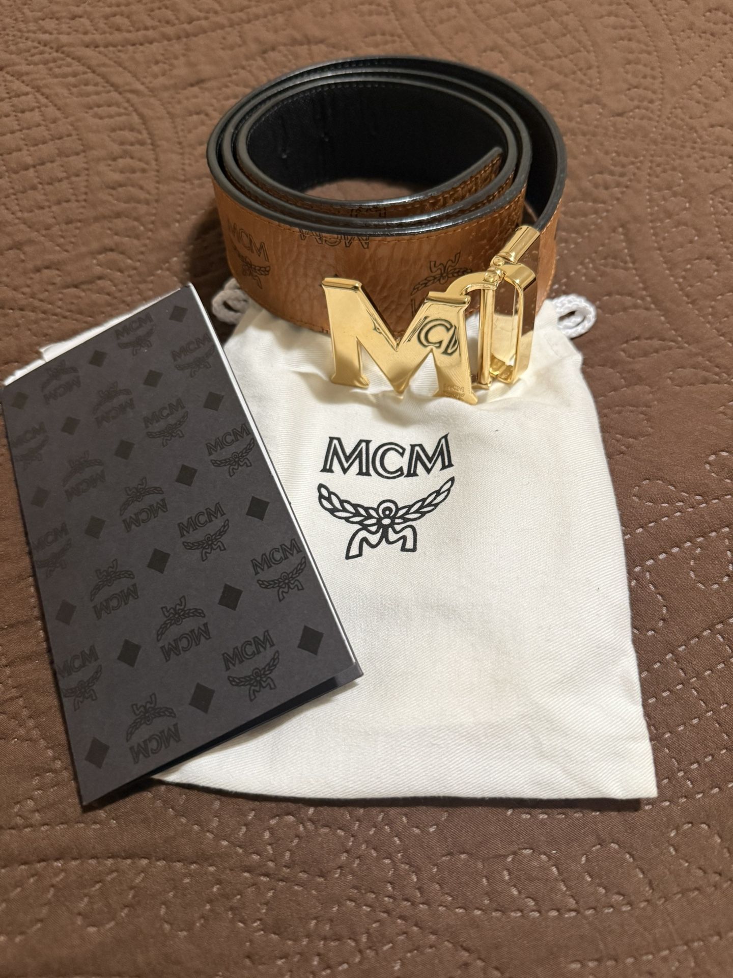 MCM men's Claus Reversible Belt Cognac and Black Leather Gold Buckle