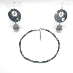 Holiday SALE 20% Off!! Designer Earrings And Chain- Grey Shaded Style -Swaroski Center Crystal On Jhumka Earrings And Crystal Glass Beads Shaded Chain