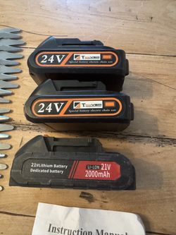 2-24 Volt Batteries 1-21 Volt, 3-chargers 2-grass Trimmers
