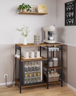 Kitchen Baker’s Rack, Steel Frame, Wire Basket, 6 Hooks Coffee Bar, Microwave Oven Stand, for Mini Oven, Modern basic, Honey Brown and Matte Black, BA