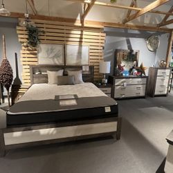 Tan/grey King Bed , Dresser, Mirror And One Nightstand