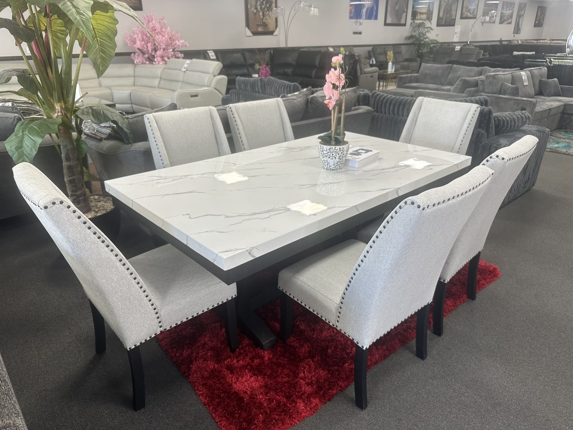 7PC White Dining Table Marble Top