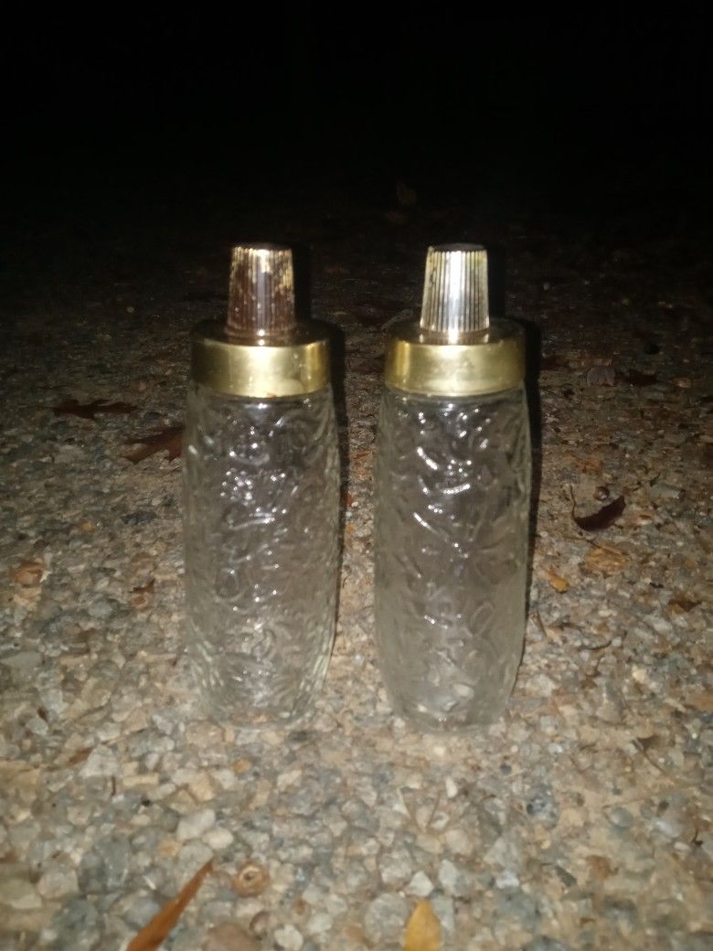 2 Antique Crystal Mixing Bottles With Brass Lids