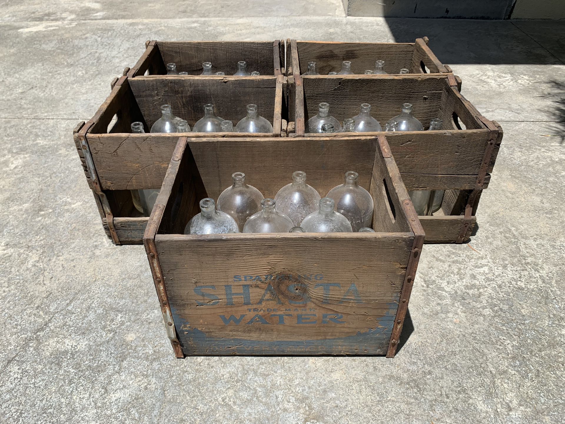 100 year old original Shasta Water Company antique glass bottles in original vintage wooden crates