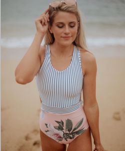 Albion Fever Castaway Pink Floral Blue Stripes Cut Out One Piece Swimsuit Size S