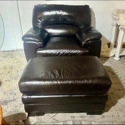 Oversized Genuine Leather Chair + Ottoman