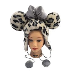 Minnie Mouse Fan Cap Silver Leopard  Pattern Ribbon Disney Parks One Size