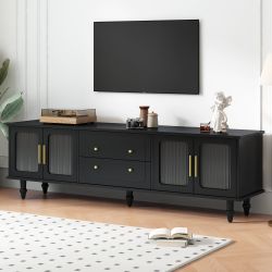 Retro Design TV Stand with Fluted Glass Doors for TVs Up to 78'', Practical Media Console with 2 Drawers and Cabinets, Elegant Entertainment Center fo