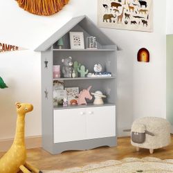 45.3 in. Gray/White Wood 4-Shelf Kids Bookcase with Doors Dollhouse Bookcase for Kids Bedroom