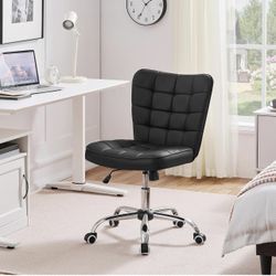 Modern Tufted Armless Desk Office Chair Faux Leather Upholstered Computer Chair with Adjustable Seat Height and Rolling Wheels for Home/Office, Black