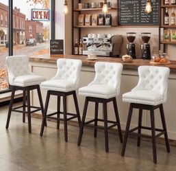 White Swivel Bar Stools Set of 4, 26 Inch Counter Height Chairs Swivel Faux Leather Barstools, Solid Wood Legs, Upholstered Kitchen Island Chairs with