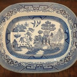Antique 1909 Buffalo Pottery Blue Willow Chinoiserie Oriental Transferware Ceramic Plate Semi Vitreous 