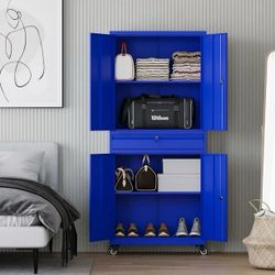 Metal Garage Storage Cabinet with Wheels,72“ Rolling Tool Cabinet with 4 Door Lock-Adjustable Shelves and Drawer for Garage Home Office Utility Room