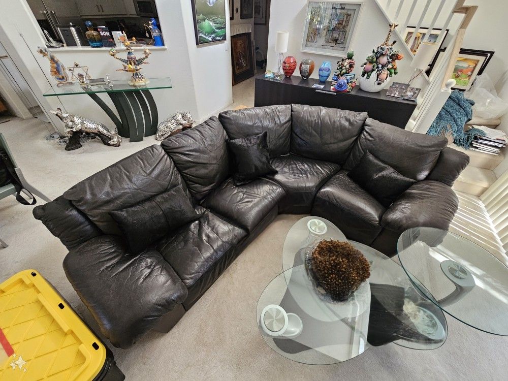 3-piece Genuine Black Cowhide Leather Sectional Sofa