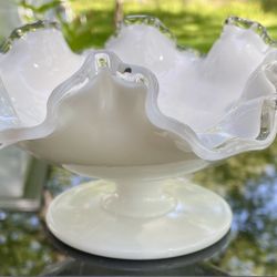 Stunning! 1970S Fenton Milk Glass Compote With Ruffled Silver Rim