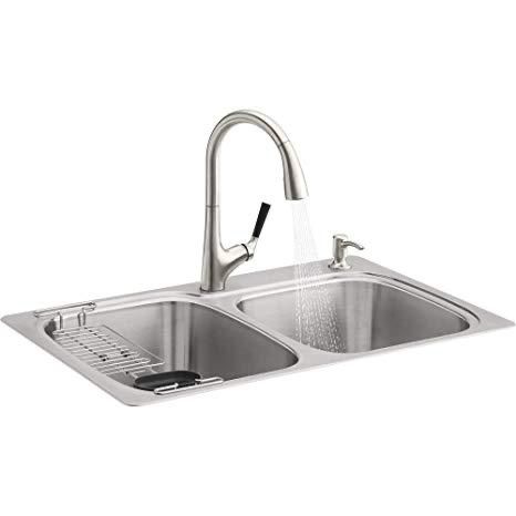 Kohler R75791-2PC-NA All-in-One Dual-Mount Double Bowl Kitchen Sink Kit with Faucet and Accessories, Brushed Stainless FINANCE AVAILABLE