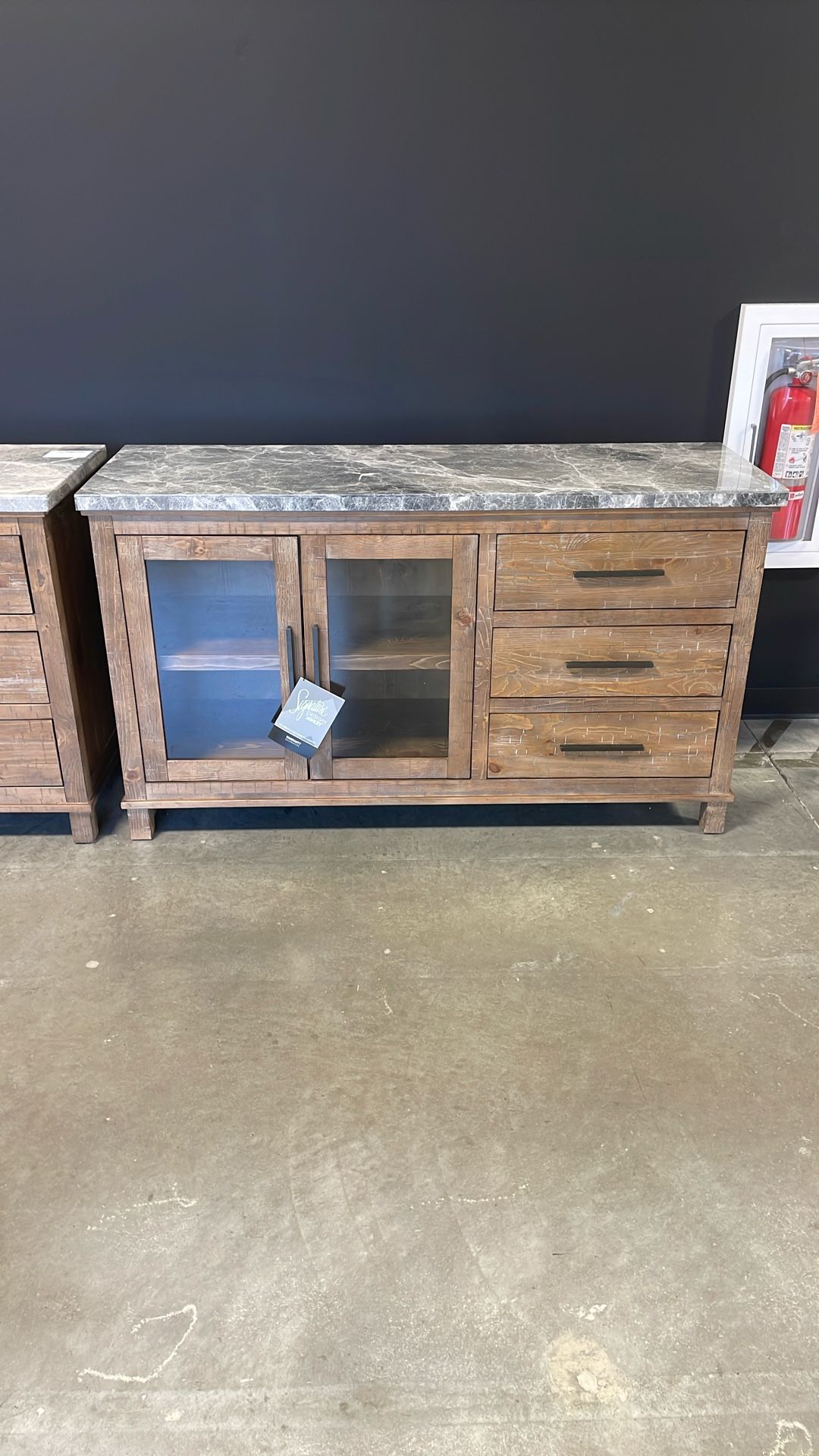 Grayson Driftwood Finish with Gray Marble Top 59.75 in. W Sideboard with Glass Doors