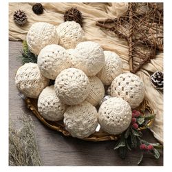24 Pcs Farmhouse Crochet Ornaments, 4 Styles 3.15" Handmade Vintage Rustic Crochet Knitted Ball Ornaments for Decoration (Warm White)
