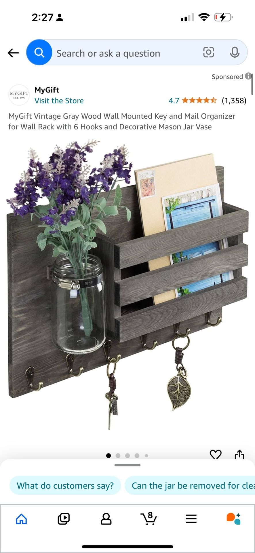 MyGift Vintage Gray Wood Wall Mounted Key and Mail Organizer for Wall Rack with 6 Hooks and Decorative Mason Jar Vase