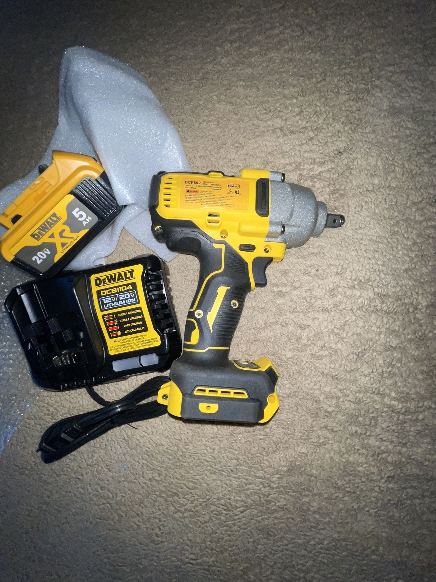 1/2” High Torque DeWalt Impact Wrench, Battery & Charger