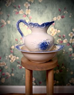 Vintage Ceramic Wash Patchier and Basin - Blue and White With Raised Scroll