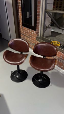 Set of 2 Brown Leather Swivel Bar Stools