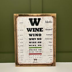 Wood Framed Metal Wine Eye Chart Sign, bar Decor, Wine Cellar, Kitchen Decor