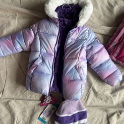 New Snow Jacket Purple And Pink With Beanie 