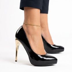 Liliana Cyber Baddie Black Patent Pumps Chrome Stiletto Metal High Heels 9